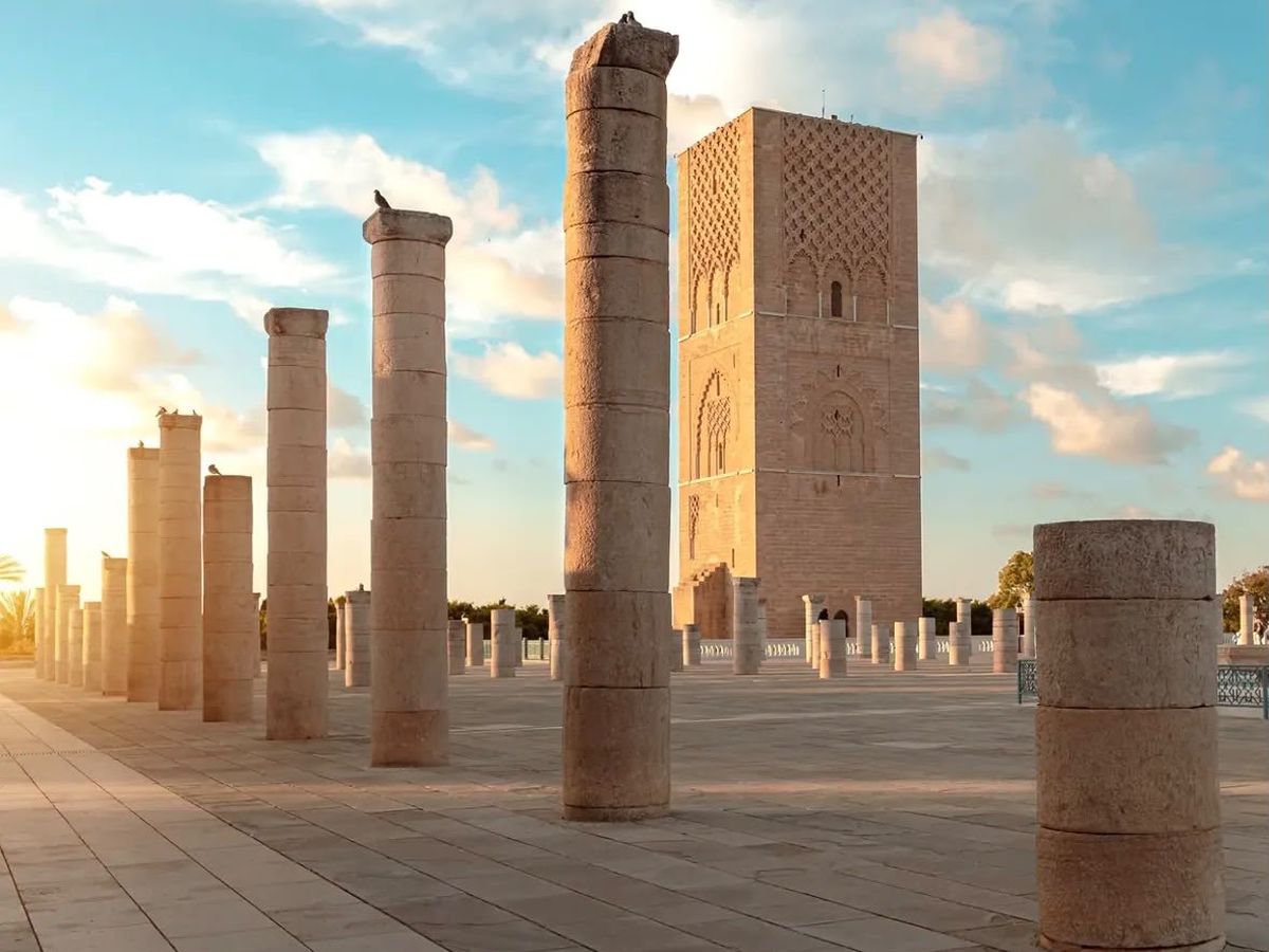 Hassan Tower and the ancient minaret columns at sunset, Rabat, Morocco