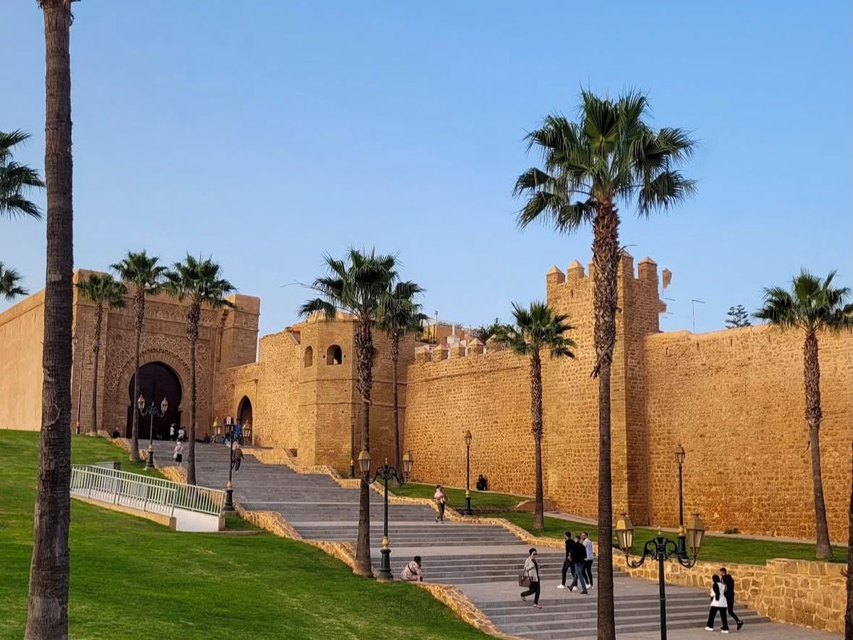 Bab Oudaia gate and ramparts of the Kasbah of the Udayas at sunset, Rabat, Morocco