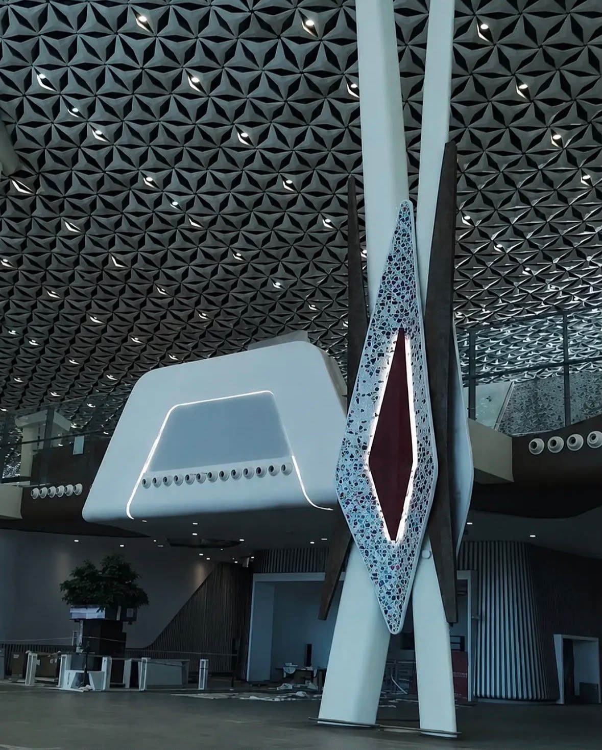 Mosaic-clad column feature inside Rabat–Salé Airport's new terminal