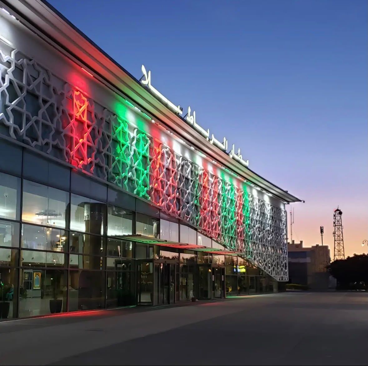 Twin mosaic-clad columns inside Rabat–Salé Airport terminal